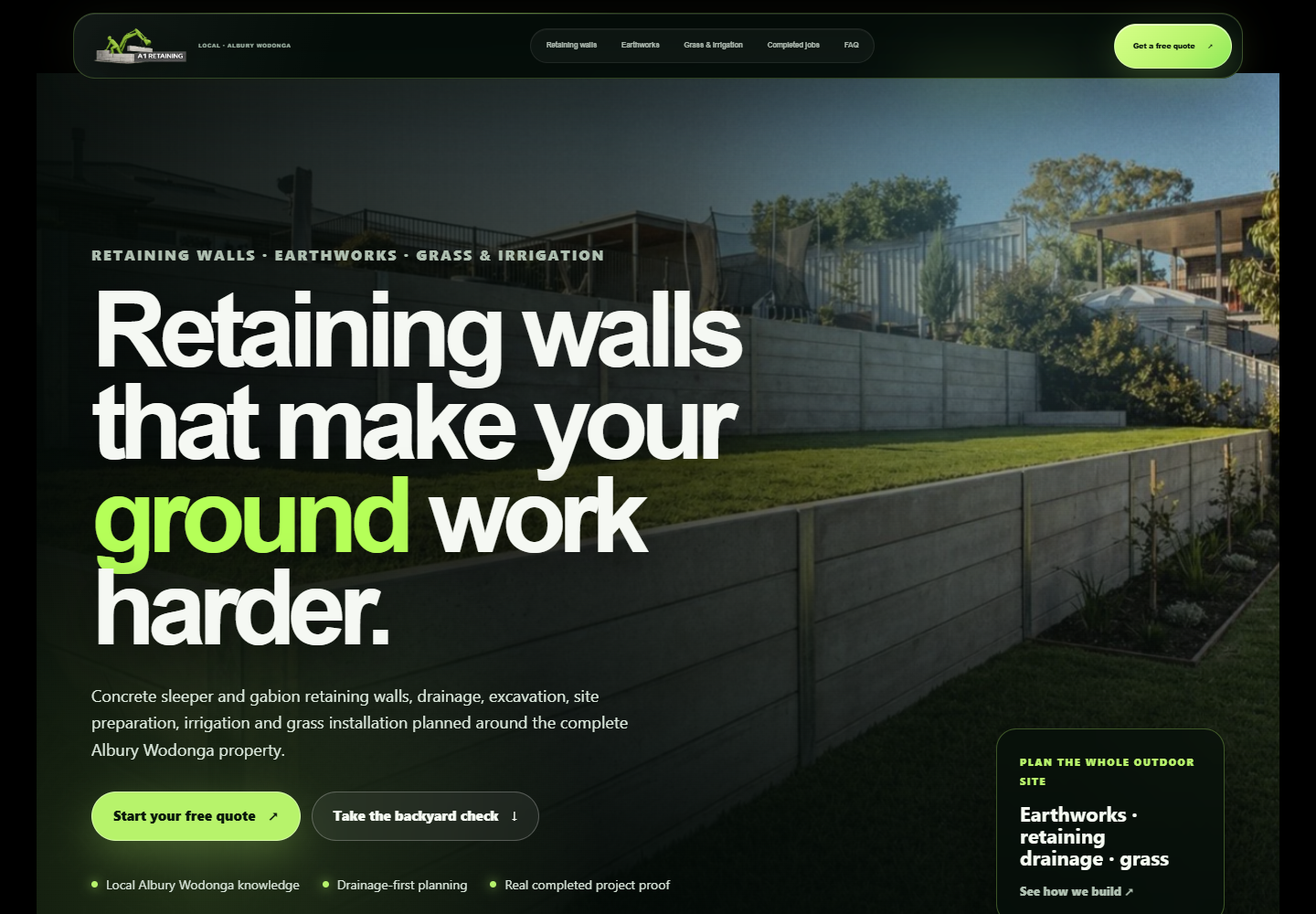 Current A1 Retaining homepage showing its modern retaining-wall hero and quote actions