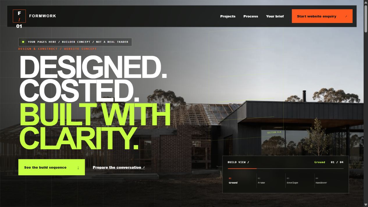 Screenshot of the completed modern builder website concept