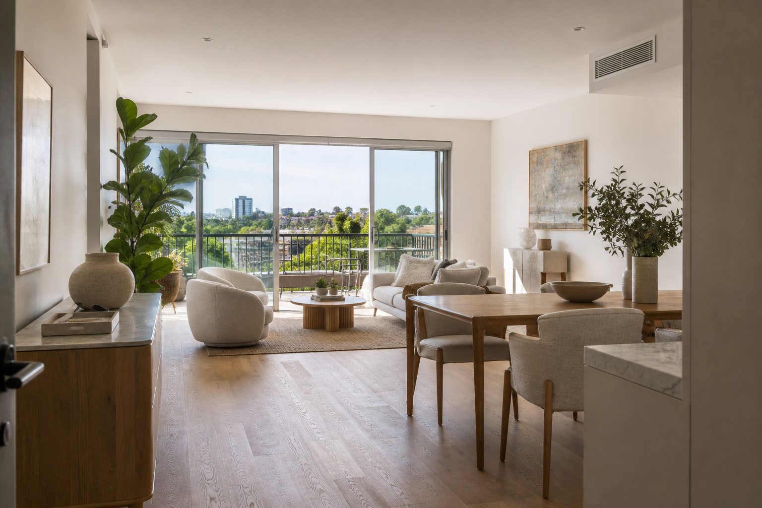 Illustrative light-filled modern apartment living and dining room